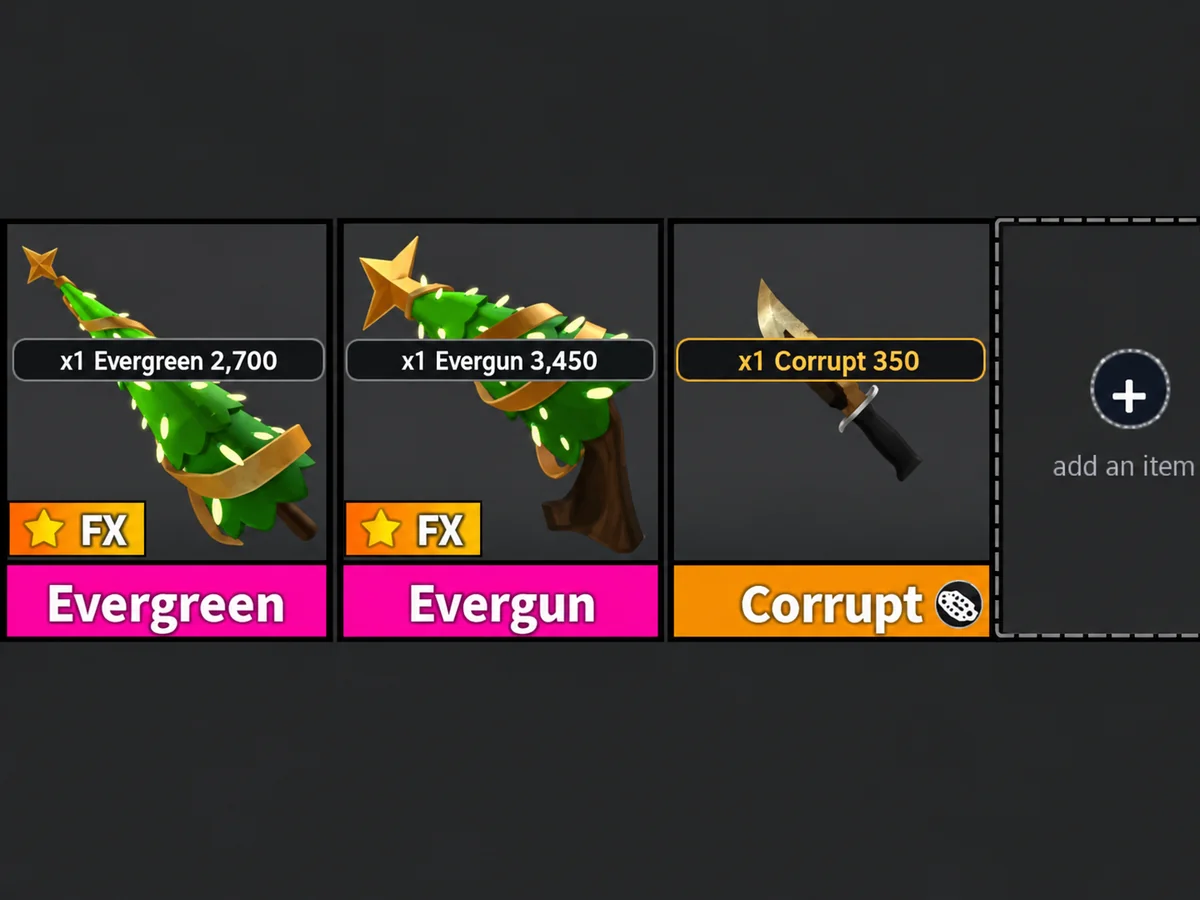 MM2 trade slots with the value of each item written on it: Evergreen 2,700, Evergun 3,450, Corrupt 350